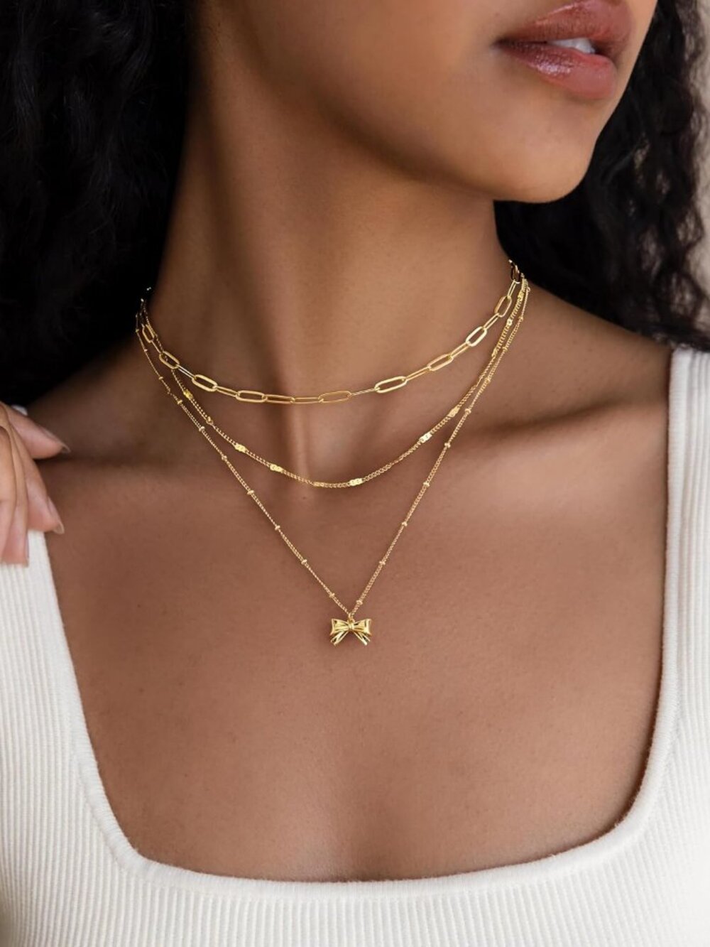 Layered Gold Bow Necklace Set 3-Piece Bows Pendant NWT - Picture 3 of 4